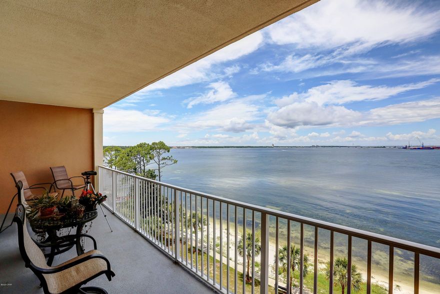 **Under contract with a sale of residence contingency and kick out clause. Acceptable offers would have to wait 3 days for Buyers to remove contingency.Beautiful views in this Bayfront condo overlooking St. Andrews Bay. This beautiful waterfront condo is close to Bay Point resort and world class golf courses and marina. Breathtaking view of bay and features covered parking and dock for fishing, resort style pool, fitness center and playground. Pet friendly complex. This unit has updated appliances with granite counters and lots of storage. Open floor plan with nice office/den area great views. A must see in this price range.