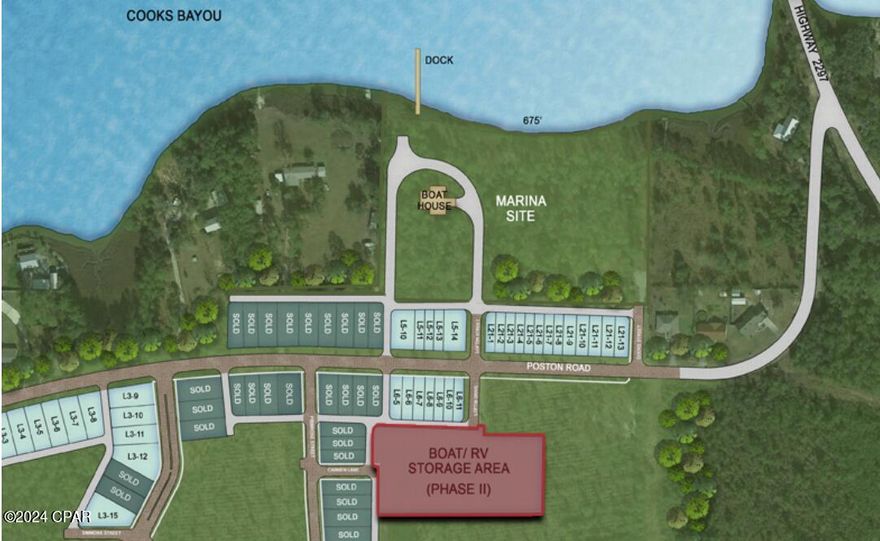 Subject property is a 2.72 acre RV/Boat storage site within the East Bay Plat. It supports a 6 acre Marina site with a 3,300 SF Cypress
Club House and a composite dock. Also available separately, East Bay is a 321 lot subdivision with 7 remaining finished lots in Phase 1 and 190 unfinished lots in Phase II. The development is located on Cook's Bayou with deepwater access to St. Andrew's Bay, the Intracoastal Waterway and the Gulf of Mexico and just 10 minutes drive to Super Walmart, 20 minutes to Tyndall Air Force Base.