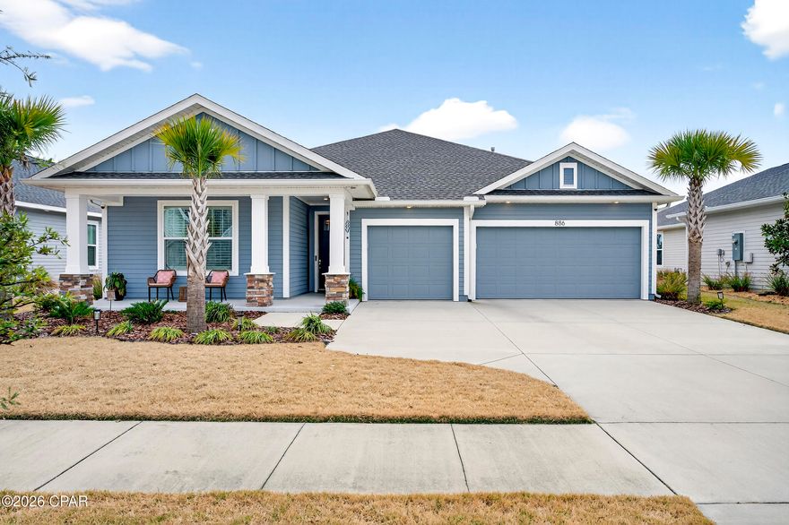 This 4BR/3BA + flex space home in Breakfast Point East offers the advantage of nearly new construction without the wait - just three years old and meticulously maintained. Positioned within one of Panama City Beach's most established primary-residence communities, this property combines modern construction standards with thoughtful upgrades and a highly functional layout.

The open-concept design connects the family room and dining area seamlessly to the gourmet kitchen, creating a bright, central gathering space. An oversized pantry with custom shelving, quartz island, stainless appliances, abundant cabinetry, and an induction cooktop (with both gas and electric connections in place) provide flexibility and performance for everyday living or entertaining.

Luxury vinyl plank flooring runs throughout for durability and ease of maintenance, while ceiling fans in every bedroom, flex room, living area, and screened lanai enhance year-round comfort. The versatile flex space adapts easily as a home office, media room, playroom, or guest overflow - a feature increasingly valued by today's buyers. The owner's suite includes a custom walk-in closet and an ensuite bath with dual vanities and a spacious walk-in shower. An oversized laundry room adds practical everyday convenience.

Out back, the screened lanai overlooks a peaceful pond with open green space beyond, offering added privacy and a quieter setting compared to many interior-lot homes. The three-car garage provides exceptional storage flexibility and includes a 220V outlet ready for EV charging.

Built with coastal durability in mind, the home is rated for winds up to 160 mph and constructed beyond typical hurricane code standards. Reinforced exterior metal framing, architectural shingles, secure anchoring, and gutters installed in 2023 enhance protection. Mechanical updates include a Trane variable-speed heat pump installed in November 2023 and HVAC system improvements completed in November 2024 for optimized efficiency.

Breakfast Point remains one of Panama City Beach's most sought-after full-time residential neighborhoods, known for sidewalks throughout, community parks, proximity to top-rated schools, and convenient access to Pier Park, Frank Brown Park, shopping, dining, and the beach just minutes away.

For buyers seeking newer construction, flexible living space, and long-term durability within a well-established primary-residence community, this home represents a compelling opportunity in Breakfast Point East.