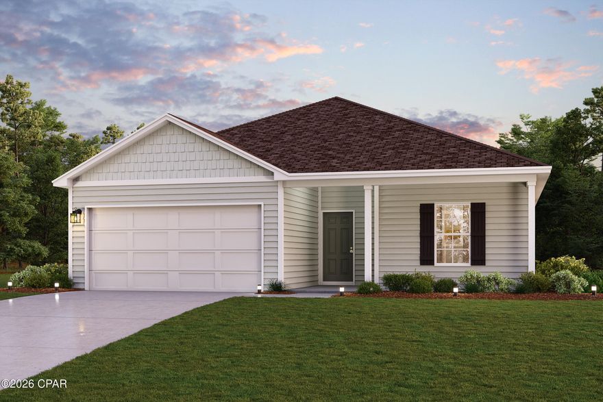 Welcome to your dream home in the Sunny Hills Classic Community! The Abernathy Plan offers a seamless open-concept design that integrates Living, Dining, and Kitchen areas--perfect for hosting guests or relaxing in comfort. Enjoy energy-efficient Low-E insulated windows throughout. The gourmet Kitchen boasts beautiful cabinetry, quartz countertops, and Stainless Steel Appliances. The serene primary suite offers a private bath with dual vanities and a walk-in closet. The home boasts two additional bedrooms. A 2-car garage adds convenience, while energy-efficient Low-E insulated dual-pane windows and a 1-year limited home warranty provide added peace of mind. 
Located just off Hwy. 77, 30 miles north of Panama City and 12 miles South of Interstate 10, Sunny Hills is the perfect place to call home! Sunny Hills is the largest platted subdivision in Northwest Florida and has nearly 4000 acres of green belts and natural preserves, multiple lakes with swimming and boat launch areas, and an 18 hole golf course.