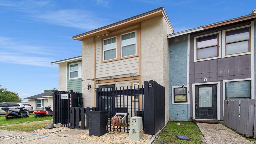 2 Bedroom/1.5 Bath townhome located just off Highway 22 near Tyndall AFB with NO HOA! Remodeled in 2020 with fresh paint, luxury vinyl plank flooring, granite countertops, and cabinetry.
To the right of the entry sits the spacious kitchen with kitchen bar; Leading to an open concept living room with half bath downstairs. Upstairs you will find the laundry area fit for stackable units. Master featuring two closets; One of which lines have been ran for a separate washer/dryer unit but can be easily converted back. Secondary bedroom features a walk-in closet. Full bath located upstairs. Exterior showcases a fenced front porch; Shed; gutters and new deck/roof overlooking the pond and seawall.
All measurements approx buyer to verify if important.