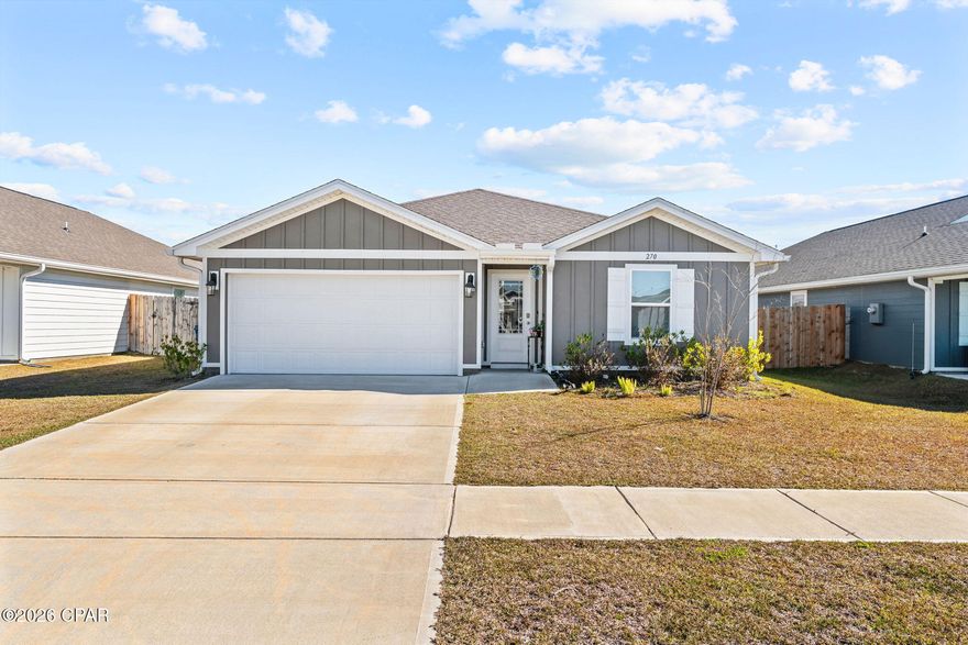 Located in Park Place in Callaway FL, this 4-bedroom, 2-bath Freeport floorplan offers 1,387 square feet of well-designed living space in one of the closest new construction communities to Tyndall Air Force Base. The welcoming entry opens into a bright, open-concept layout ideal for everyday living and entertaining.

The kitchen features a large center island and granite countertops throughout the home, with clear sightlines to the dining and living areas. A split-bedroom design provides privacy, with two bedrooms and a full bathroom at the front of the home and an additional bedroom off the entry hallway.

Main living areas, bathrooms, and laundry room are finished with luxury vinyl plank flooring, while the bedrooms feature carpeting. The primary suite includes a spacious bedroom and an en-suite bathroom with a double vanity, oversized shower, and large walk-in closet.

Exterior features include a brand-new privacy fence with integrated LED lighting and a backyard with ample space. Residents enjoy access to a beautiful community pool maintained by the low cost HOA. Conveniently located near shopping, parks, and schools, with easy access to Tyndall Air Force Base. Low HOA fees, billed quarterly, add to the home's overall value.

Schedule your private showing today and see why this home is the perfect place to make your next move.