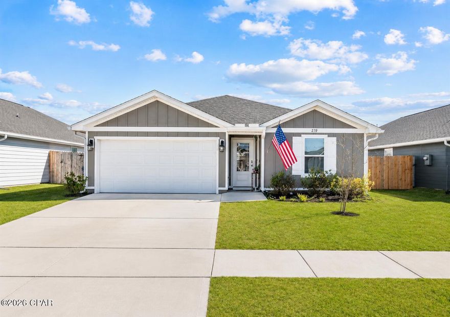 Welcome to the highly sought-after Park Place community in Panama City, FL--one of the closest new construction neighborhoods to Panama City and just minutes from Tyndall Air Force Base!

This beautifully designed 4-bedroom, 2-bath Freeport floor plan offers 1,387 square feet of modern, well-planned living space with an open-concept layout that's perfect for both everyday living and effortless entertaining.

Step inside to a bright, welcoming entry that flows seamlessly into the spacious living, dining, and kitchen areas. The kitchen serves as the heart of the home, featuring a large center island, granite countertops throughout, and clear sightlines that keep everyone connected.

The split-bedroom design offers ideal privacy, with two bedrooms and a full bath located at the front of the home, plus an additional bedroom tucked off the entry hallway. The primary suite is a true retreat, complete with a generous bedroom, double vanity, oversized walk-in shower, and a large walk-in closet.

Luxury vinyl plank flooring runs through all main living areas, bathrooms, and the laundry room, while each bedroom offers comfortable carpeting.

Outside, enjoy a brand-new privacy fence with integrated LED lighting and a spacious backyard ready for relaxing, entertaining, or play. Residents also enjoy a community pool and the benefit of a low HOA that keeps the neighborhood beautifully maintained.

Location is everything--and this one delivers. You're just a short 25-minute drive from the world-renowned white sands of Panama City Beach, and only minutes from Tyndall Air Force Base, making commuting a breeze. Grocery stores, restaurants, shopping, and everyday conveniences are all nearby, giving you the perfect balance of comfort and accessibility.

Move-in ready and ideally located--schedule your private showing today and see why this Park Place home is the one you've been waiting for!