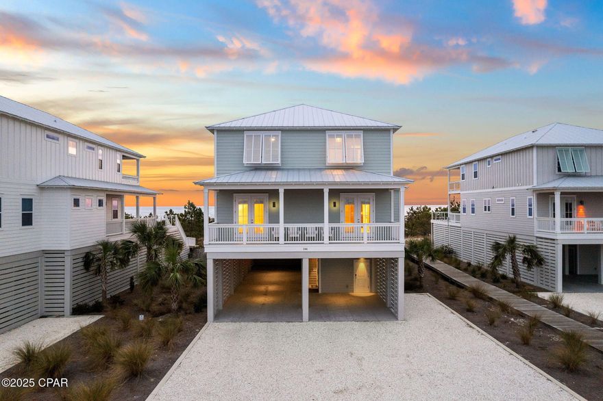 NEW 2023 CONSTRUCTION! ELEVATED POOL WITH OCEANFRONT VIEWS! With two large decks overlooking the Gulf, your own private pool, and the sugar sand beach and clear blue water just feet away, Coron Beach House is the perfect vacation spot in the Villa del Sol subdivision. This 3,300 square foot 5 bedroom 5 bath vacation home with an elevated pool and elevator was built in 2023 in a lovely private gated subdivision. Coron truly captures the essence of all things coastal. You will be greeted with a large, open concept living and kitchen space boasting spectacular Gulf views. Take a step through the back doors facing the ocean to find yourself in the peaceful, breezy surroundings with an amazing, unhindered view of the Gulf and your own private elevated swimming pool. Back inside, the dining and kitchen area has beautiful hardwood floors, modern amenities, and a kitchen featuring a large island, appliances, and quartz countertops. The comfortable, roomy living space is the ultimate gathering spot for entertaining and making memories with friends and family. The first floor has a 1 bay view master suite with a king bed and attached private bathroom along with a bay view master bedroom with king bed. On the second floor, there are two Oceanfront master suite bedrooms with king beds and attached bathrooms, and a charming bunk room with 3 bunks and a full bathroom. The most inviting aspect of the second floor is that two of the bedrooms have access to its large deck overlooking the Gulf, while the bunk room has views of the bay. Walk down the boardwalk from your coastal home and you'll find yourself on the miles and miles of sugar-white sand and pristine blue water of the Gulf of Mexico. Water and beach enthusiasts will appreciate the massive parking areas for beach gear. Whether you enjoy combing the beach for shells, snorkeling, kayaking, sunbathing, surfing waves, fishing, or taking a leisurely stroll along the shoreline, you'll spend hours of fun while soaking up the sun.