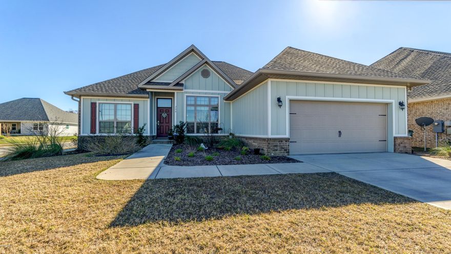 Newer constructed 4bd/2.5 bath home nestled in the peaceful Villages of Mill Bayou subdivision. Situated on a large corner lot, you are just steps away from the community pool just out your front door! This home offers a spacious open floor plan, ideal for entertaining.  As you enter the home, you are greeted with warm hardwood floors. You'll find the first bedroom just off to the left, perfect for an office or play area. The formal dining room provides plenty of natural light with perfect views of the community amenities out the front window. Just past the dining area is the open kitchen, with granite counter tops, complete with stainless steel appliances. The living room features elegant tray ceilings that are also showcased in the master bedroom. Master bedroom includes en-suite double-vanity, with garden tub, tiled shower and walk-in closet. Additional two bedrooms, full hall bathroom plus half bath for guests, provide plenty of room for friends and family. Access the back patio and enjoy evenings under the pergola and within the privacy of the fully-fenced backyard. Villages of Mill Bayou is conveniently located just minutes from top-rated schools and is a short commute to TAFB, Panama City/Panama City Beach. Call and schedule an appointment today! All sizes/info/measurements approx; please verify