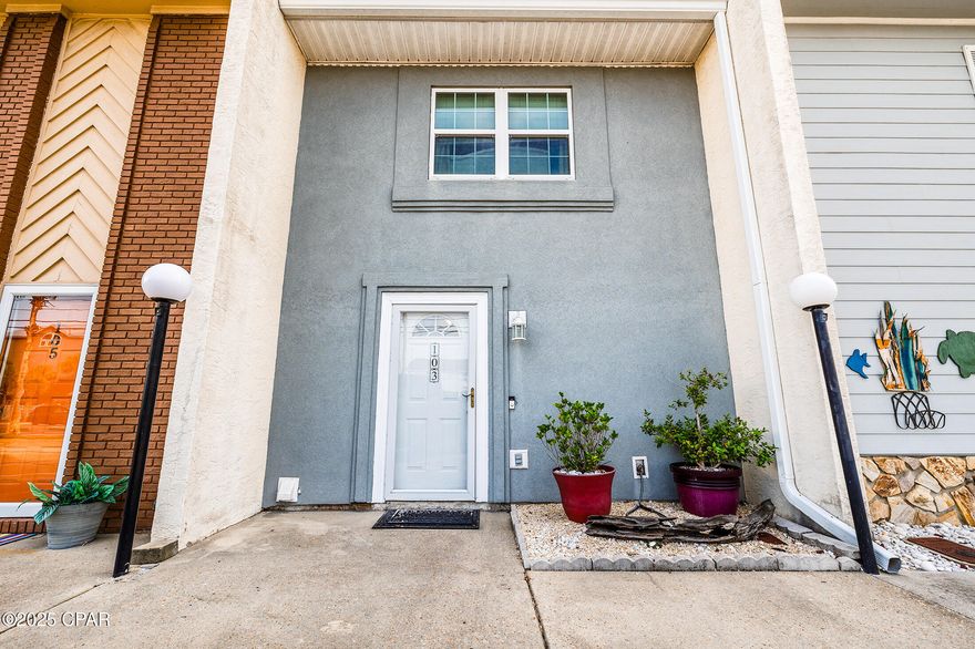 'CURRENTLY UNDER CONTRACT, SELLER WILL CONSIDER BACKUP OFFERS'Welcome to Unit B103 at Summerplace Townhomes, where coastal charm beachside living meets comfort, convenience, and investment potential. This adorable 2-bedroom, 2 bath townhome offers the perfect blend of relaxation and practicality — all just one block from the Gulf of America! With only 18 units in this charming complex, opportunities to own here are rare. From the moment you arrive, you'll love the no-fuss living this home offers — no elevators, private parking at your front door, and a LOW HOA that covers lawn maintenance, pool upkeep, trash, and cable. Step inside to find a bright, open-concept floor plan featuring crown molding,  kitchen with granite countertops overlooking the dining and living areas, and plenty of natural light that brings the coastal vibe indoors.  The first floor includes a full bathroom, convenient laundry closet, and abundant storage space — perfect for full-time living or vacation stays. Step out the back door to your private covered patio, ideal for morning coffee or evening cocktails after a day on the beach. There's also an owners' storage closet for all your beach gear, fishing poles, and outdoor essentials. Upstairs, both bedrooms are spacious and connected by a Jack-and-Jill bath, each with ample closet space. The primary suite features a private balcony that is a perfect spot to unwind and  feel the gentle gulf breeze. Enjoy community amenities just steps from your door, including a sparkling pool for cooling off after the beach and plenty of green space, all maintained by the HOA for worry-free ownership.
Being sold fully furnished and rental-ready, this home is truly turnkey — ready to move in, rent out, or enjoy as your private beach escape. With short-term rentals allowed, this property offers incredible income potential as well as a relaxing personal getaway. Located on the highly desirable south side of Thomas Drive, this peaceful area is known for its convenient sidewalks, family-friendly atmosphere, and proximity to the best of Panama City Beach — including St. Andrews State Park, marinas, local restaurants, golf courses, and shopping.
Don't miss your chance to own a piece of paradise. Whether you're searching for a primary residence, second home, or investment property, this townhome checks every box.
Schedule your private showing today and start living the coastal lifestyle you've always dreamed of. 
All measurements and information are deemed reliable but should be verified if important.