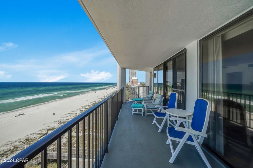 Discover the Best View in Panama City Beach!  Welcome to the coveted west corner of the west tower at Aquavista; where breathtaking panoramic views await you from this 6th-floor wraparound balcony! This stunning 3-bedroom condo is in pristine condition, having been lovingly maintained by the original owners and never part of a rental program. Recent upgrades include a new 2024 HVAC system, 2024 hot-water heater, and BRAND NEW IMPACT WINDOWS AND DOORS! Yes, all the doors and windows have just been replaced and the seller has paid in full!  This condo comes fully furnished with elegant coastal décor, - truly turnkey and move-in ready. Aquavista offers one of the most desirable deeded beach areas along the Emerald Coast. With just two 8-story towers, this low-density community ensures a peaceful and expansive beach experience. You'll love the convenience of covered parking beneath your building and four elevators, meaning no long waits during peak season. Whether you're looking for a full-time beachside retreat with fabulous views, a vacation home, or a rental-ready investment, this condo has it all. Aquavista has undergone significant updates in recent years, ensuring the building is in top condition and has successfully passed its milestone inspections. Now is the perfect time to buy! Don't miss your opportunity to own a slice of paradise—call us today to schedule your private tour!