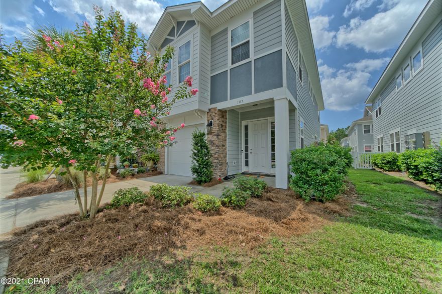 ** FANTASTIC CENTRAL LOCATION IN A QUIET NEIGHBORHOOD ONLY 1.5 MILES FROM THE BEACH!  Floor plan is an open concept with 10 ft. ceilings on the 1st floor and 9 ft. ceilings on the 2nd, with luxury wood look vinyl flooring. Kitchen features a large walk-in pantry, stainless appliances and granite countertops. Upstairs are 3 bedrooms and 2 bathrooms. Master bath features a tiled shower, a separate tiled garden tub, double vanity with granite countertops. Master BR closet is a large walk-in with window.  Washer and dryer are included. AC is on a maintenance program. Community has a large zero entry pool. Furniture is available separately.