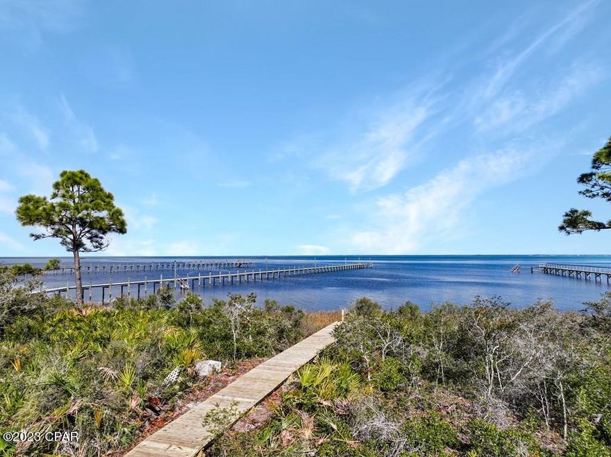 views surround 3/4 acres w/a driveway in place. Walk over the dune through the live oaks onto a brand new 472' boardwalk constructed of ThruFlow decking. Fish from the dock or explore the bay w/access to the Gulf of Mexico just around the corner. White sand pet friendly beaches are easily accessible on foot or by boat. Cape San Blas offers miles of paved walking & bike trails, fresh locally caught seafood & fun family activities. Hibiscus Dr. adjoins Rish Park w/unobstructed Gulf & Bay views making this lot an ideal investment or vacation destination. A Survey is available. No HOA or neighborhood restrictions apply. Call for a showing & tour of the Cape!