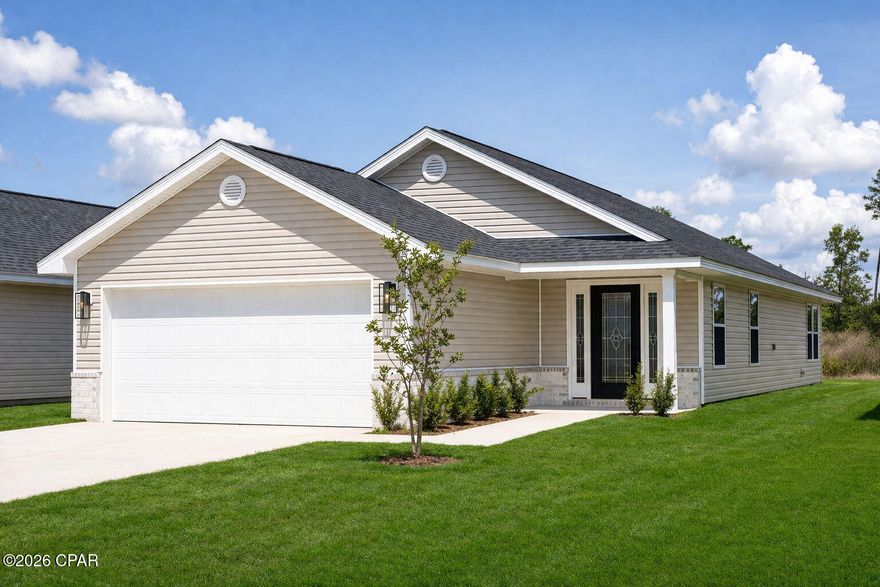 This Brand-new construction 1,317 square foot home features a cozy floor plan, knock out ceilings in the family room and master bedroom. The kitchen features stainless-steel appliances, granite countertops and a breakfast bar. All stainless-steel appliances included. This model features cortec flooring in all formal and wet areas. This community is approximately 9 miles from Tyndall Air Force base, 22 miles from Mexico beach, and 22 miles from Panama City beach. Come and experience the difference with Adams Homes. Adams Offers $5,000 Flex cash to all buyers!