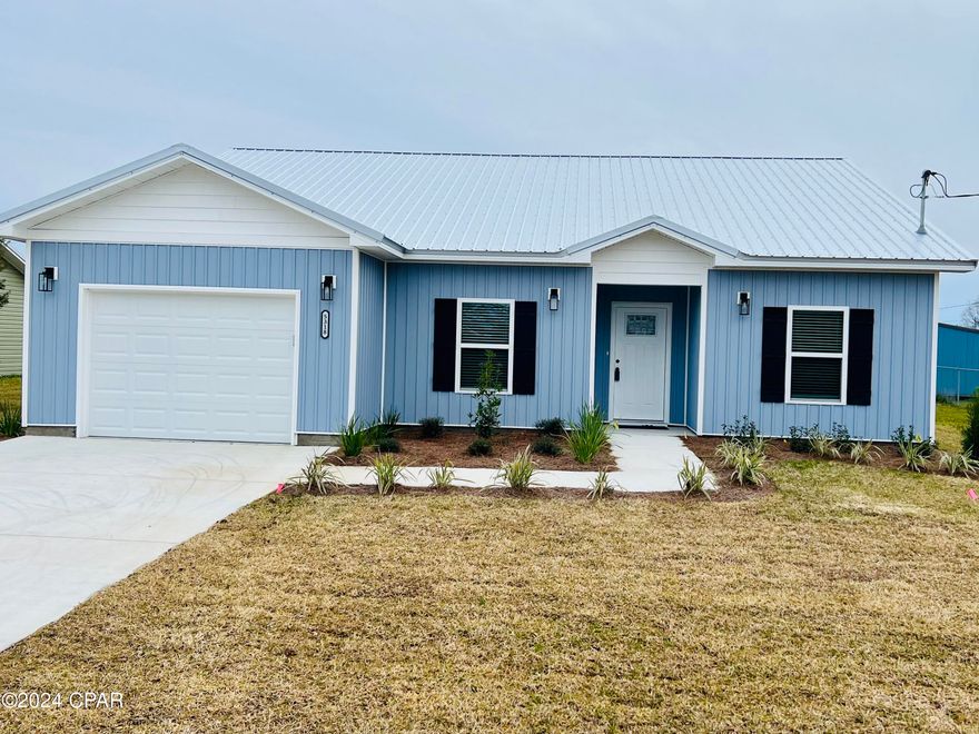 Currently under contract, seller will consider back up offers. BEAUTIFUL NEW CONSTRUCTION HOME conveniently located in an ESTABLISHED neighborhood. Survey available!
The large lot offers access from 2 streets and has no rear neighbors. NO FLOOD INSURANCE and NO HOA's! This CRAFTSMAN STYLE home features a SPACIOUS OPEN FLOOR PLAN and has a bright interior with light ''hand scraped'' plank flooring throughout (no carpet here!), and upscale finishes. The kitchen features a huge bar with GORGEOUS QUARTZ COUNTER TOPS, STAINLESS APPLIANCES and WHITE SHAKER CABINETRY. The primary bedroom offers loads of natural light and a roomy walk- in closet. The attached bath has a double QUARTZ VANITY and TILE SHOWER. The 2 Guest bedrooms allow for everyone to have their space! The garage offers extra storage and the backyard can be accessed from Harvey St (behind), allowing  great access for adding a work shop or pool . All this plus close to shopping, schools and TYNDAL AFB.