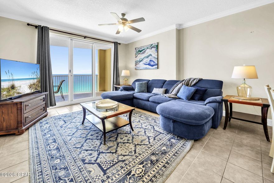 Emerald Isle 1108 is a 2-bedroom, 2-bathroom gulf-front condo in Panama City Beach with panoramic Gulf views from the kitchen, living area, and primary bedroom. Located on the 11th floor, this residence is well suited for a vacation home, full-time residence, or rental investment, with sleeping accommodations for up to 6 guests.

The open-concept kitchen, dining, and living areas create an easy gathering space for entertaining, relaxing, and taking in the Gulf views. The gulf-front primary bedroom also captures the Emerald Coast setting, while both bathrooms include spacious vanities and shower/tub combinations for everyday function.

Emerald Isle Resort amenities include indoor/outdoor pools, a hot tub, 2 saunas, a fitness room, a grilling station, beach access, dedicated beach service, ample parking, and 4 high-speed elevators. The 271 sq ft scalloped balcony provides generous private outdoor space for Gulf views and sunsets.

Located approximately 2 miles west of Pier Park, Emerald Isle 1108 offers convenient access to shopping, dining, entertainment, and recreation in Panama City Beach. A short drive west connects you to Rosemary Beach and the 30A corridor for additional coastal communities, dining, shopping, and beach access.

For buyers comparing gulf-front condos in Panama City Beach, this property combines direct Gulf frontage, wide water views, resort-style amenities, and a location near Pier Park and 30A. Rental history and future rental projections are available upon request. All dimensions to be verified by buyer.