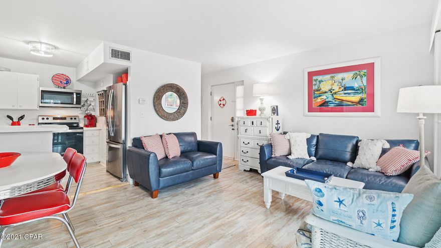 Indulge in endless ocean breezes at Largo Mar Townhouses.  Unit 160 is in the first building off the beach and has Gulf views.  Its main level is on the second floor of the building with the bedroom on the top level.  This unit features separate balconies on both the main and second floors, offering beautiful views of the sunrises and sunsets. This upscale retreat offers chic furnishings throughout, providing a relaxing and elegant atmosphere after a day of fun in the sun. The gorgeous Largo Mar complex sits right along the shores of Panama City Beach, with some of the best views you'll ever have the pleasure of enjoying! Along with direct beach access, Largo Mar boasts amenities such as a pool, hot tub, sauna, and a shuffleboard court. Property Highlights!

-Two separate ocean views!

-Living area delights with contemporary coastal décor and cozy furnishings leading out onto the main floor balcony.

-Modern, fully equipped sleek white kitchen with stainless-steel appliances.

-Adjacent, retro-inspired dining area appointed with seating for 6.

-Versatile master suite offers a king bed and built-in, twin bunk beds with a second-level, private balcony.

-En-suite master bath features a convenient shower/tub combination and an adjacent front-load washer/dryer.

-Additional half-bathroom on the main level.

-Murphy bed for extra guests and private washer and dryer provided.

-Comfortable queen cabinet Murphy bed for extra guests on the main level, which can be a lock-out when extra privacy is needed.  

-Two entrances to the unit from the outside; one on the main level and one off of the Master bedroom on the top level.

-Wi-Fi, cable, and flat-screen TVs in each room.