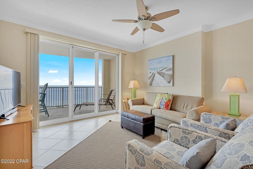 Fifteenth floor condo at Ocean Villa. The building is known for being clean, well run, having a great floor plan, good parking, and a gigantic balcony for a 2-bedroom. The master bedroom opens directly onto the balcony overlooking the scenic Gulf of Mexico. This condo is tastefully decorated with tile throughout. This unit has an outside owner's storage room. The complex has multiple levels of covered garage parking on both sides of Front Beach Road and a walkover for easy access. The third floor has a sauna, a small fitness area, and onsite Condo Association management. The ground floor has both outdoor (heated) and indoor pools, a sauna, as well as a hot tub and direct access to one of the beach. Measurements are approximate, verify if important.