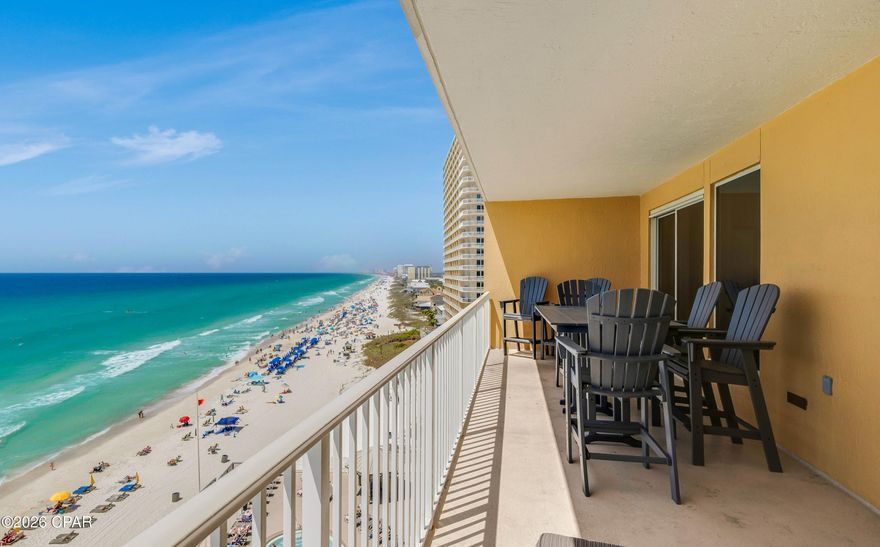 Welcome to Treasure Island 808--offering the ideal floor height and one of the best views in all of Panama City Beach! This 2-bedroom, 2-bath condo with built-in bunks is rental-ready and booked solid--buy now and step right into rental season. The Gulf-front primary suite opens directly to a spacious balcony, and both bedrooms feature king beds, beautifully updated bathrooms, and walk-in showers. Location is hard to beat--perfectly positioned between Schooners and St. Andrews State Park, you'll enjoy some of the best dining, boating, and a quieter stretch of beach on the east end of PCB. Treasure Island amenities include a Gulf-front pool, hot tub, fitness center, BBQ area, community room, and an on-site snack shop serving beach  cold drinks and great sandwiches. This unit also includes an assigned covered parking space that conveys with the sale. Don't miss this opportunity--call today and make this your next home away from home or income-producing beachside investment!