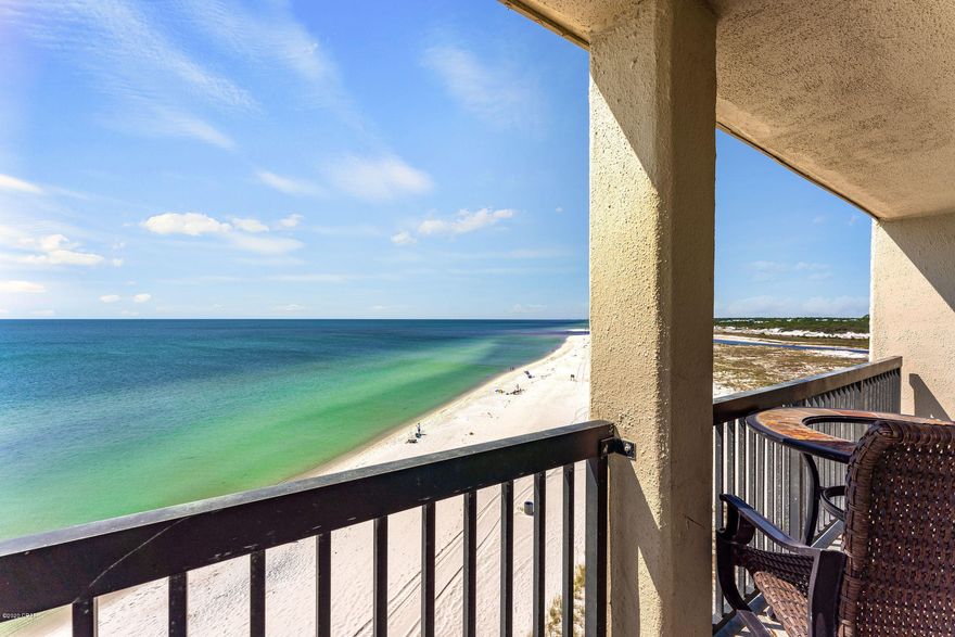 CURRENTLY UNDER CONTRACT, SELLER ACCEPTING BACKUP OFFERS. Own a piece of paradise at Pinnacle Port Condo, right on the Gulf of Mexico, on the west end of Panama City Beach! This pristine 3 bed/3 bath top floor corner unit features southerly & easterly views of the gulf, westerly- state park, north- Lake Powell and state park. Unit comes fully furnished and equipped. Beautifully appointed, can easily sleep 8 plus. Maintenance fees include electric for heating and cooling, hot water, cable TV, and 24 hour security. Community amenities include, among others, indoor and outdoor pools, tennis court, playground, shuffle board, community center, and so much more. Enjoy this truly spectacular and serene view. Buyer to verify that all information, including HOA/Condo association information, is accurate during due diligence period.