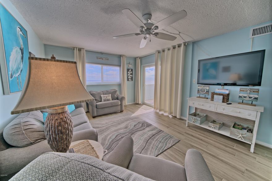 This is a beautiful unit that has been completed upgraded. Tile floors including the balcony. New windows & Doors. Great view of the Gulf and the jetties. Watch the ships come in to port. This complex also features, gated community, tennis court, shuffle, two large swimming pools, one of which is heated in the cooler months, Tiki Bar, Pool Hall, owner's conference room and it is close to the St Andrews State Park. The unit is advertised as a two bedroom but is set up as a three bedroom using the bonus room as the third bedroom which does not have a closet but does have an armoire for hanging clothes. Regency Towers is a family oriented complex. All information is believed to be correct but should be verified by the Buyer.