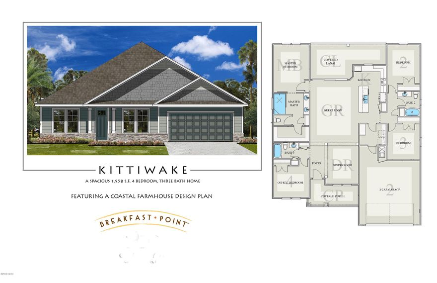 NEW CONSTRUCTION KITTIWAKE GOLD 4/3-located in Panama City Beach's desired BREAKFAST POINT subdivision built by Southern Coastal Homes-Offering quick easy access to TAFB, the white sandy beaches of the Gulf of Mexico, Publix anchored shopping center, Breakfast Point Academy-Rated A (walking distance) and the famous Pier Park. INTERIOR features of this coastal inspired home offers a private grand Foyer entrance, large volume Great Room open to a chef's kitchen with gas cooktop, separate oven with large center island, custom cabinetry with soft close drawers and stainless steel appliances. Large Master Suite w/ expansive tiled shower, double vanity and large walk-in closet. Office/4th Additional Bedroom, two more Bedrooms with easy access to another full bath, Dining Room and Laundry Room EXTERIOR features a large 2 car garage, covered lanai, covered front porch, fully sodded yard with Rain Bird sprinkler system. This home is a KITTIWAKE GOLD home with upgraded finishes including Rockport flooring, marble-Crystal quartz solid surface counter tops, stainless steel sink, tiled Kitchen back splash, Moen plumbing fixtures, Whirlpool "Gourmet Kitchen" appliances, gas cooktop and much more. See the full list of GOLD STANDARD FEATURES, available DIAMOND ADDITION items and finish boards in the document section of this listing.