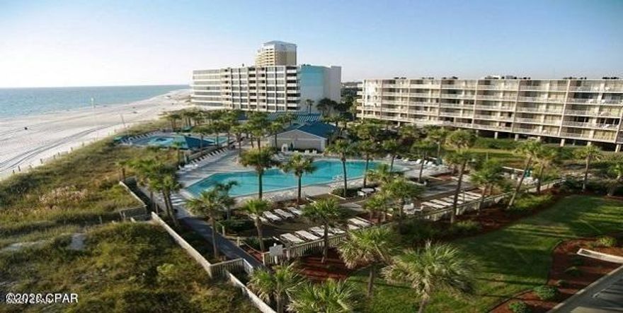 **'Gulf Front'**Beautiful 2BR/2BA w/ covered parking.  Furnished and Rental Ready. Fully equipped Kitchen. Wonderful Gulf Front views from Kitchen, Dining room, Master Bedroom and Living room. Large Balcony, with new sliding glass doors, to relax and see what is going on at the beach and 1 of the 3 pools.  Tile flooring throughout. This is a wonderful rental investment or great second home. Dunes of Panama has 3 pools, tennis, shuffleboard, fitness room, snack shop and a place to grill. All dimensions are approx.