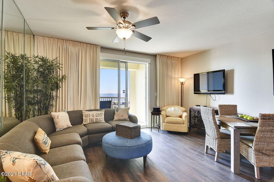 CURRENTLY UNDER CONTRACT, SELLER ACCEPTING BACKUP OFFERS.Awesome Opportunity to own a Beautifully Decorated, 1 Bedroom, 2 Bath with Bunks Condo in Panama City Beach, FL.   Great Gulf Views! 

Sought after lower floor for rentals! Neutral paint color, Carpet-free Condo featuring new Moduleo wood looking vinyl long-plank flooring in the Living room, Bunks & Bedroom. Tile in the L/R, Hall, Kitchen and Bathrooms.  Sectional Sofa offers a Queen bed sleeper.  L/R offers full length Blackout curtains.  Open Kitchen concept w/ beautiful views of Gulf!  Stainless Steel appliances and a new drop -in Samsung Stove, granite counter tops, & tile back splash.  9 foot ceilings gives this condo a spacious feel.  Master Suite features master bath with double vanities and a Huge walk-in shower.  Bunk beds i hall with ind. lights is a plus!  Condo can easily accommodate 6 guests.  Great Short Term Rental