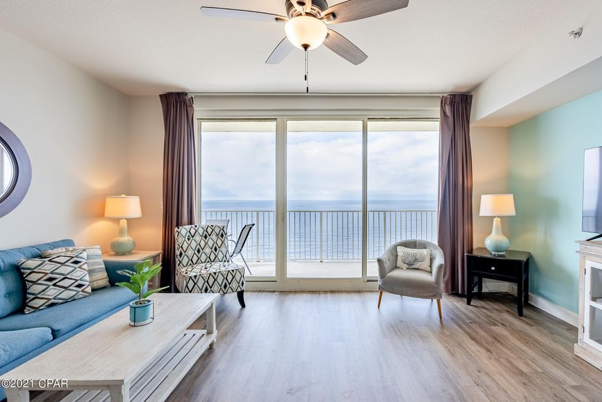 Beautiful Gulf front condominium located at The Shores of Panama, in the highly desirable ''02'' stack. The balcony is front facing, with a full view of the Gulf of Mexico. Tastefully decorated with several of the furniture pieces having been purchased recently. The HVAC system was replaced in 2020. The condo includes a Master bedroom suite, that easily accommodates a king size bedroom suit and a large walk-in closet. An additional closet that could be converted to an Owner's closet is also available in the Master bedroom. A separate hallway area provides additional sleeping accommodations. Two full bathrooms are available with a shower/tub combo. A majority of the flooring has been updated with vinyl plank flooring. This property currently serves as a vacation rental and is rental ready for any potential investment buyers. The resort is known for its gorgeous lagoon swimming pool. Amenities also include and indoor swimming pool. Whirlpool, exercise room, coffee shop and muck more. Make an appointment to see this outstanding condo today.