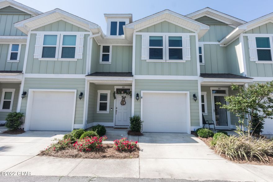 This beautiful townhome sits in a peaceful community near one of the most beautiful beaches in the world!  The first floor is ready to entertain with an open floor plan, 9 foot ceilings, and a half bathroom. The kitchen features all stainless steel appliances, granite counter tops, tons of counter space, storage, and deep double sinks. Upstairs features a large master w/ spacious walk in closet. Gorgeous master bathroom features double vanity sinks and fully tiled shower. The 2nd and 3rd bedrooms are a great size for kids or guests, have large closets and are situated next to the second full bathroom. The Living room and guest bedrooms overlook a gorgeous fountain and pond. are conveniently located upstairs so no lugging all your laundry up and down the stairs. Two rows of custom shelves go around the entire garage for your extra storage needs.
This is an amazing neighborhood with friendly neighbors is centrally located on Panama City Beach with quick access to shopping and dining. No short term rentals allowed by HOA. All Measurements are approximate, please verify if important. Ring Doorbell, Blink security cameras and TV Mount NOT Included in sale.