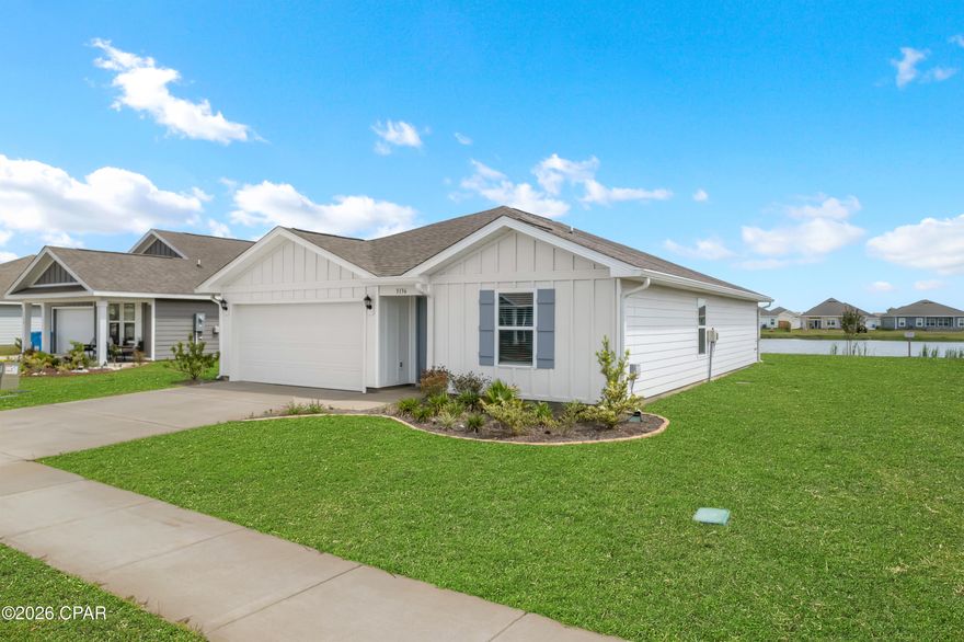FRESH. CLEAN. MOVE-IN READY. 3136 Rachel Place in Hodges Bayou Plantation offers a well-maintained 4-bedroom, 2-bath Freeport floor plan with the feel of newer construction without the wait. Built by D.R. Horton, this resale home has been exceptionally cared for and shows beautifully.
Inside, the split-bedroom layout provides functional separation between the primary suite and secondary bedrooms, while LVP flooring extends through the main living areas with carpet in the bedrooms. The open-concept kitchen, dining, and living areas overlook a peaceful water backdrop, giving the main gathering spaces a calm, open feel.
The kitchen features Calacatta quartz countertops, stainless steel appliances, generous workspace, and a layout designed for everyday convenience. Matching Calacatta quartz continues into the bathrooms, and the washer and dryer are included with the sale.
The spacious primary suite is tucked away from the secondary bedrooms and also enjoys the relaxing water view. Additional features include gutters, white faux wood blinds on all windows, a 2-car garage, and existing privacy fencing along the neighboring lot lines.
Located just 1.4 miles from the Deer Point Lake boat access, this Hodges Bayou Plantation home provides convenient access to boating, fishing, and water recreation, with Deer Point offering routes toward the bay and Gulf. The property is also approximately 30 minutes from Tyndall Air Force Base.
Exceptionally maintained and move-in ready, 3136 Rachel Place offers a clean, newer-construction feel in Hodges Bayou Plantation. All information is believed accurate but not guaranteed; buyer to verify if important.