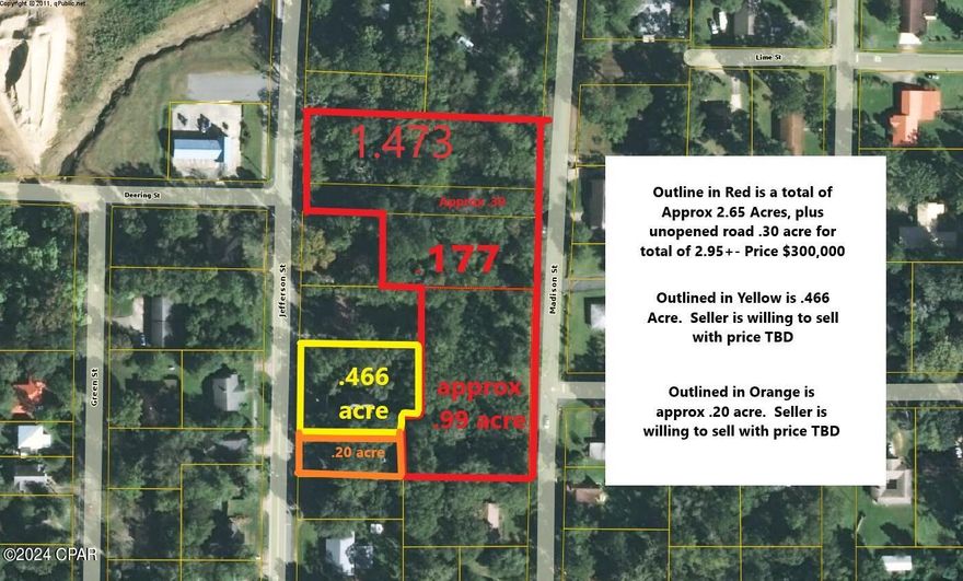 Prime development property.  This 2.63 acres is located in downtown Marianna with paved road access from Jefferson Street and Madison Street. The property is zoned mixed use with access to City Water, Sewer and Gas.