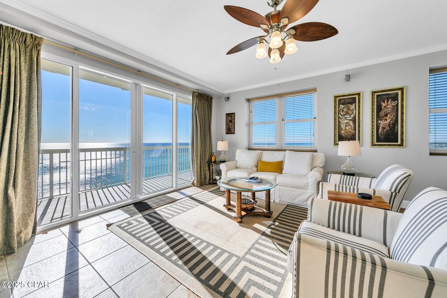 THE BEST OF THE BEST AT CELADON! Welcome to Celadon unit 909—a rare, premier west-end gem offering unobstructed, world-class views of the shimmering white sands and emerald waters of the Gulf of Mexico. This stunning Gulf-front condo boasts a prime mid-stack location within the luxurious 23-story Celadon complex, making it a perfect blend of elegance, comfort, and convenience. With an open floor plan, 9' ceilings, and expansive floor-to-ceiling sliding glass doors and windows, this unit is bathed in natural light, providing breathtaking Gulf and sunset views year-round from the balcony, living room, dining area, kitchen, and master suite. Whether you're entertaining or enjoying a peaceful retreat, this space offers the ultimate coastal living experience. Coastal Luxury Meets Condo Convenience!  Designed with a chic coastal ambiance, this condo lives like a beach house while offering all the perks of condo ownership. It's a turnkey property, fully furnished, tastefully decorated, and rental-ready. The ceramic tile flooring throughout ensures easy maintenance, while the gourmet kitchen is thoughtfully designed with ample storage, a full pantry, and all the essentials included. Alfresco Living at Its Finest Step onto the private wraparound balcony for panoramic views that will leave you breathless. From sunrise to sunset, this generous outdoor space is perfect for relaxing, entertaining, or simply soaking in the beauty of Panama City Beach. The luxury master suite is nothing short of spectacular, positioned front and center on the beach with direct balcony access through glass sliders. Wake up in the king bed to unparalleled sunrise and sunset views without ever leaving your room. The suite also features a spa-like private bathroom with a double vanity, walk-in shower, and a separate Jacuzzi tub, plus a large walk-in closet for added convenience. The second bedroom is generously sized and can accommodate a king bed. The third bedroom features its own west-facing window with stunning views. With ample closets throughout and an oversized laundry room equipped with a full-size washer and dryer, this condo is designed for both convenience and functionality. The unit can sleep up to 10 people, making it ideal for families, vacation rentals, or full-time living. Nestled on the peaceful west end of Panama City Beach, this beautiful Gulf-front condo offers the best of both worlds: tranquility and convenience. Located just 10 minutes west of Carillon Beach and 30A, and under 10 minutes east to the vibrant attractions of Pier Park and Frank Brown Park, this prime spot gives you easy access to everything the area has to offer. Resort style amenities including 283' of Gulf frontage, heated Gulf front pool and spa, indoor/outdoor heated pool, 2 hot tubs, tennis court, media room, meeting/conference room, fitness facility, on-site rental office, 3 high speed elevators plus a 4 level parking garage with walk-over to the lobby and rental desk. Whether you're looking for a second home, a full-time residence, or a high-performing vacation rental, Celadon unit 909 is your perfect match. Don't miss the opportunity to own this exceptional property on the Emerald Coast!