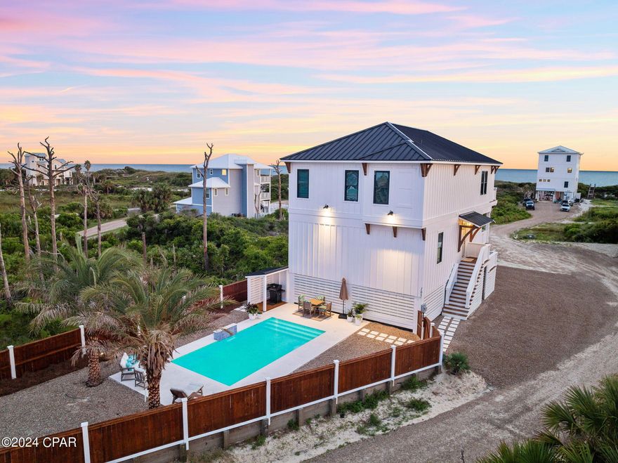 Life isn't always easy... At times, it feels like you can't stop swirling. No matter where you go, you can't find peace. Then, all of a sudden, you find your place. Welcome to 185 Swirly Sun Drive. In the heart of Cape San Blas. A place to lay your head and rest. A place to watch the sunrise. A place to catch your breath. A place to stop the swirling. A place to begin again. This jaw-dropping, brand new construction 4-bedroom beach home is a dream come true. It's the true gem of Cape San Blas. Cutting-edge design with full modern amenities, coupled with resort-like elements, make this home the epitome of luxury and retreat. White Cafe appliances, Quartz countertops, Wet bar & wine fridge, Spa Bathrooms, Beautiful Decor... no detail was missed! This home comes FULLY-FURNISHED and is truly turnkey ready for use as a primary residence, secondary home, or incredible investment, with rental projections of almost $200k! What sets it apart even more is that there is NO HOA, offering owners freedom from additional fees and restrictions, making it an even more attractive opportunity for personalized living or lucrative rental management. Merely steps from the Beach with Incredible Gulf Views from each floor, this is a true beach home featuring your own private beach entrance where dogs are welcome to run alongside you. If you need a break from the beach, you can retreat in your very own backyard oasis. Heated, saltwater pool, stunning landscaping, outdoor shower, outdoor grill and privacy fence creates the perfect spot to luxuriate. If you are looking for 30A without the traffic or hustle this is your place to stop the swirling and find your peace...