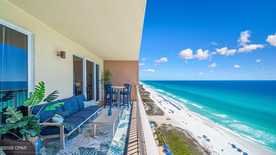 Wake up to breathtaking, unobstructed Gulf views from this high-floor Sunrise Beach condo--where emerald waters and sugar-white sands stretch for miles.
This 2BR/2BA unit with a bunk room lives like a 3-bedroom--ideal for guests or strong rental potential. Open, light-filled layout with tile flooring and an oversized private balcony accessible from the living area and Gulf-front primary suite.
Kitchen features granite countertops, breakfast bar, and modern appliances. Primary suite offers balcony access and a spacious ensuite with double vanities, soaking tub, and separate shower. Sold fully furnished and rental-ready with updated balcony furniture, HVAC with air purifier, and rare exterior storage closet.
Sunrise Beach offers 300+ ft of private beach, two Gulf-front pools (one heated), hot tubs, splash pad, fitness center, owner's lounge, and covered parking. Prime location less than a mile to Pier Park, dining, and shopping.
**Measurements approximate--buyer to verify**