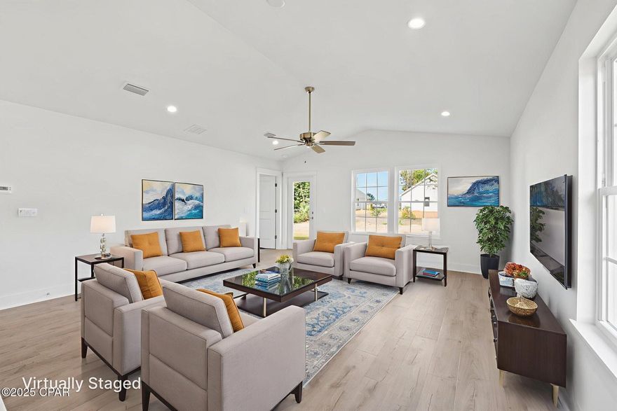 This thoughtfully designed cottage home in Panama City is a smart move for anyone looking for quality, comfort, and convenience. This 3 bedroom, 2 bathroom open concept floor plan is a great starter home. A one car garage with plenty of storage and an expansive lot for creating your own backyard oasis. Just minutes from Tyndall Air Force Base, public boat ramps, parks, and all the essentials of town, this location offers the best of both peace and practicality.

Step inside to vaulted ceilings, tons of natural light, and an open-concept layout that feels spacious yet inviting. The kitchen delivers serious style with sleek quartz countertops, stainless steel appliances, soft-close shaker cabinets, and a large island perfect for hosting or your morning coffee routine. Durable vinyl plank flooring runs throughout. No carpet = no stress or mess.

The split-bedroom floor plan gives you privacy where it counts.

Outside, enjoy fresh landscaping, a wide driveway, one-car garage, and no HOA, which means no restrictions on your boat, trailer, or weekend toys. Whether you're a first-time buyer, military relocation, or investor looking for a strong rental, this brand-new build checks all the boxes.

Don't miss your chance to get into a new home without the wait. Schedule your showing at 925 Bonnie Lane today and see what easy living looks like.