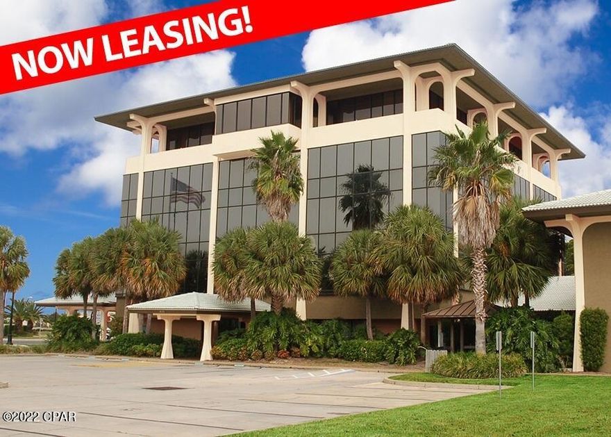 The Beach Professional Center is one of Panama City Beach's premier Class ''A'' signiture office buildings. The property enjoys a prime location at the heart of the Beach's business and professional district. The building's contemporary design and striking appearance. There is ample parking, lush landscaping, superior signage opportunities and professional building management services. This is one of the Beach's most reputable business addresses. The suite includes a reception area, 6 spacious offices, a break room and a prorata share of the 3rd floor common areas and conference room. Please see the attachments, which include the 3rd floor floor plan. Owner is a licensed Florida real estate agent. All square footages are approximate. Please confirm if important.