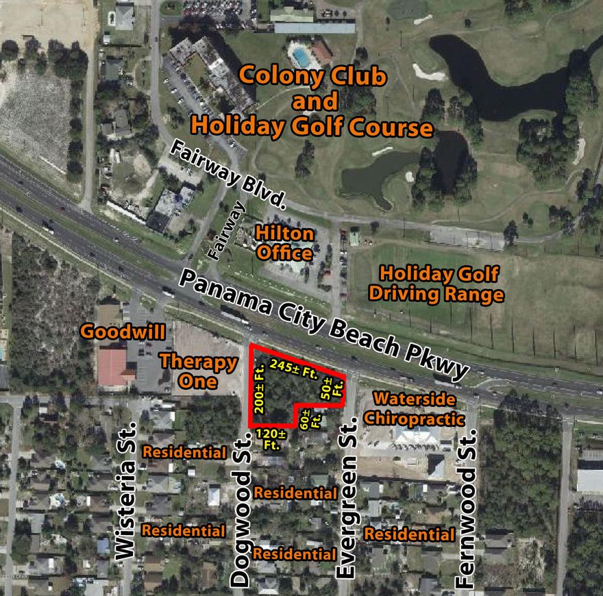 Excellent Commercial site on Panama City Beach Parkway with frontage on three streets.  Located between Therapy One and Waterside Chiropractic and across from Colony Club and Holiday Golf Course.  Site includes two parcels; parcel number 1 is Bay County Parcel Number 34002-050-000 (fronts PCB Pkwy) and 34164-010-000 (fronts Dogwood Street).  The parcel with frontage on the Parkway is zoned Commercial High Intensity and the Dogwood Street parcel is zoned Residential (R-1-c-T), both in the city of Panama City Beach.  Traffic count - 49,000 vehicles per day, great visibility and easy access.