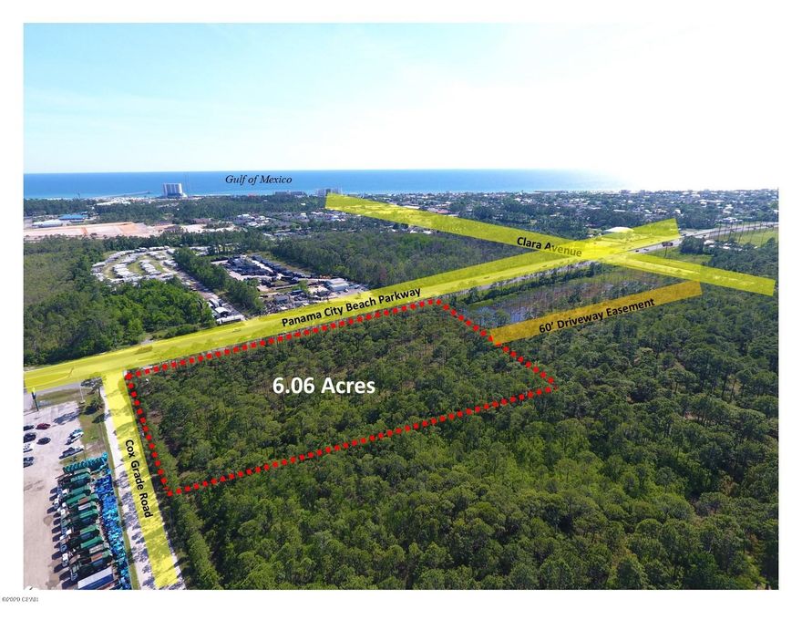 Great commercial site along Panama City Beach Parkway. +/-6.06 acres on Panama City Beach Parkway. Located within close proximity to Simon's Pier Park Lifestyle Center and Pier Park North Power Center. This is a rare opportunity to acquire a large tract on Panama City Beach Parkway in the heart of Panama City Beach. The site has a deeded access to the Clara Avenue extension and the traffic light via a 60' driveway easement across the adjacent property to the west.  The current land use is General Commercial within unincorporated Bay County. The adjacent land to the north will be class A apartments - ''Legends at Clara ''.