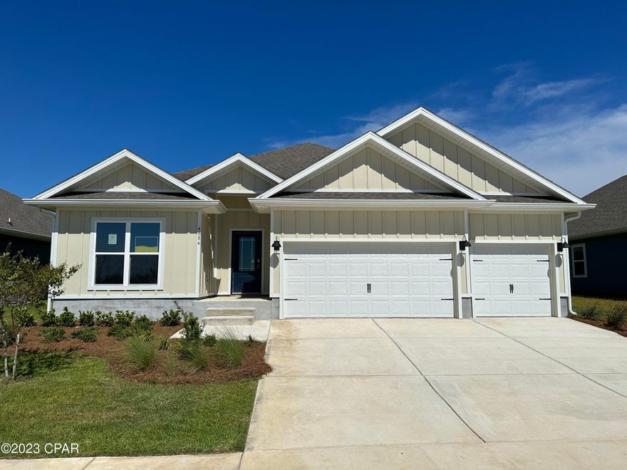 The Destin is a one-story, four-bedroom, three-bathroom, three-car garage floorplan. As you enter this home you are covered by a small front porch and walk into a foyer. The home's first two guest bedrooms and one guest bathroom are off of the foyer. If entering through the garage you will walk directly into the laundry room and then into the home's kitchen and living room area. The kitchen has granite countertops and Whirlpool Stainless steel appliances. Towards the back of the home are the third guest bedroom, guest bathroom, and main first bedroom.

Titus Park is in Panama City, Florida and is only minutes away from Tyndall Airforce Base! This large-scale multi-phase community is located off Highway 390 at Highway 231, centrally located for an abundance of shopping, restaurants, and great schools! Beautiful white sands beaches are just a short drive from your doorstep. Access the bay for fun and fishing by use of the public boat ramp only 3 miles away.  There will soon be a Publix shopping center across the street from the community entrance.  Titus Park highlights some of the most beautiful floorplans, which have amazing features.  We are building both our affordably priced Express Homes as well as our Traditional Series with upgraded finishes both inside and out. Contact a D.R. Horton Sales agent for more information on everything that Titus Park has to offer! The home has a private entrance with concrete pathway, steps, and designer landscaping. Inside, you are warmly greeted by engineered vinyl plank floors that lead to a bright and open floor plan seamlessly connecting the kitchen to the living room and leading to the inviting, sunny backyard. Meticulous attention to detail is presented in the kitchen with granite countertops, white cabinetry with brushed nickel knobs, and stainless steel Whirlpool appliances which includes the following: stove, dishwasher, and microwave. A 10' tray ceiling with beautiful crown molding gives the living area have a very open feel. The 1st bedroom is located directly off of the living area and also features a tray ceiling with crown molding, and a bathroom featuring a double vanity, large shower, full size soaking tub, and a walk in closet. There are 3 additional bedrooms located adjacent to 2 other full bathrooms. The back patio is a wonderful entertainment space for family and friends. There is more than ample storage available in the 3 car garage. New homes in Titus Park also feature a smart home system that includes a KiwkSet Keyless Entry, Skybell doorbell, automated front porch lighting, an Echo Dot, and a Qolsys touch pad, and customizable LED lighting.  Our model home is open Monday through Saturday 10-6PM and Sunday 1-6PM.