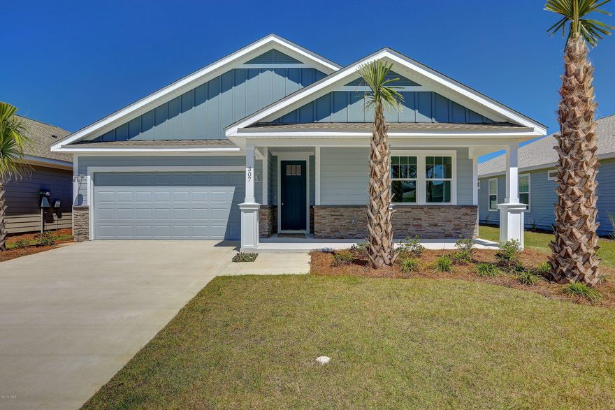 NEW CONSTRUCTION SHEARWATER GOLD 3/2-located in Panama City Beach's desired Breakfast Point subdivision built by Southern Coastal Homes-Offering quick easy access to TAFB, the white sandy beaches of the Gulf of Mexico, Publix anchored shopping center, Breakfast Point Academy-Rated A (walking distance)and the famous Pier Park. INTERIOR features of this coastal inspired home offers a private grand Foyer entrance, large volume Great Room with an open floor plan, kitchen with 4 burner gas cooktop, center island, custom cabinetry with soft close drawers and stainless steel appliances, Master Suite with tray ceiling, expansive tiled shower, double vanity and large walk-in closet. Large covered patio just off Great Room makes this home perfect for entertaining. EXTERIOR-This SHEARWATER GOLD home features a 2 car garage, covered lanai, covered front porch, fully sodded yard with Rain Bird sprinkler system. This home includes all of the GOLD STANDARD FEATURES LIST and  DESIGN BOARD with upgraded finishes including Luxury vinyl plank flooring, custom cabinets, granite solid surface counter tops, 50/50 stainless steel undermount sink, tiled back splash, Moen "Eva Style" plumbing fixtures, Whirlpool stainless steel "Gourmet Kitchen" appliances, stainless sink and much more. See the GOLD STANDARD FEATURES LIST, available DIAMOND ADDITION items and finish board in the document section of this listing. 
Gold Appliance Package Includes: 30" Chimney Hood in Stainless Steel: 4-Burner Gas Cooktop in Stainless Steel: Countertop Microwave with Trim Kit in Stainless Steel: Front-Control Dishwasher in Stainless Steel: 5.0 Cu. Ft. Single Wall Oven in Stainless Steel: