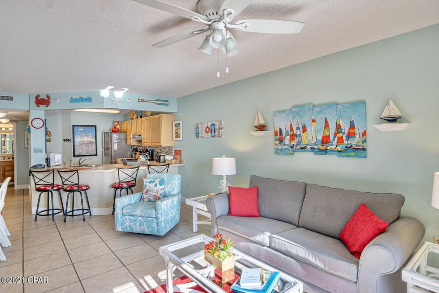 'CURRENTLY UNDER CONTRACT, SELLER ACCEPTING BACKUP OFFERS'GORGEOUS 2/bedroom 2/bath Summerhouse condo.  Recently updated ALL kitchen appliances (installed Jan. 2021). Tile flooring throughout. ALL fixtures and Bathrooms have been updated. Two double closets in Master BR & one double closet in guest room. Decorated with tropical happy colors. End unit has no traffic with plenty of privacy and great views. Well known family destination includes two pools, hot tub, kiddie pool, tennis, racket ball, game room, owner and guest lounge (recently refurbished) and gulf front gazebo. One pool heated in late fall thru winter. Panama City Beach is rated #2 in the world and I believe Summerhouse is rated #1 with so many loyal families returning for their family retreat each year.