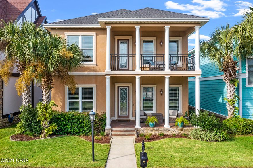 Welcome to 402 Savannah Park Way. This beautiful 4 bedroom, 4 bathroom craftsman home is located in the much sought out Tapestry Park Subdivision. Tapestry Park is located in the center of Panama City Beach, a half mile to the white sandy beaches. The kitchen has beautiful hard wood cabinets with a matching built in pantry, granite countertops and is open to the living area. The dining room has large windows that overlook the quaint and cozy front porch. Hard wood floors are throughout the home with carpet in the bedrooms. Downstairs hosts a bedroom and full bath and up the stairwell, 3 bedrooms with their own private baths. The Master bathroom has double vanities, separate shower and a soaking tub. All the bedrooms are spacious which is very hard to find in some homes. See more... Home is wired with Cat5 cable technology and wired for surround sound and security. A detached two car garage with attic storage has a covered walk way to the home. There is a back access road that runs behind house for parking, garbage cans, etc. The back yard is privacy fenced in with white vinyl fencing. 
Tapestry Park offers a community room, large swimming pool, tennis & basketball courts, and a play ground. HOA fees include garbage and basic cable. Come take a look around this wonderful community will make you feel right at home! There is no sign in front of property.