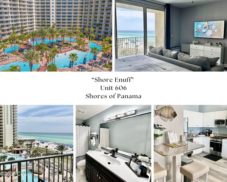 **Gulf-Front studio at Shores of Panama! **This affordable studio unit is perfectly laid out making it an ideal vacation rental or beach retreat. Enjoy breathtaking views of the Gulf through the spacious open-concept living area. The unit features **updated flooring throughout**, **updated coastal décor**, **updated countertops and sink**, **updated appliances**, and plenty of natural light. Shores of Panama is one of Panama City Beach's premier destinations, located just moments from **Pier Park**. Resort amenities include: *Expansive 14,000 SqFt Lagoon-style pool with fountains and tropical landscaping, heated indoor pool for year-round enjoyment, multiple hot tubs, fitness center with modern equipment, private beach access steps from your unit, on-site coffee shop, Sunset Beach Bar & Grill, covered parking garage & 24-hour security. Don't miss your chance to own this beautifully updated, rental-ready Gulf-front condo that offers both personal enjoyment and strong investment potential!