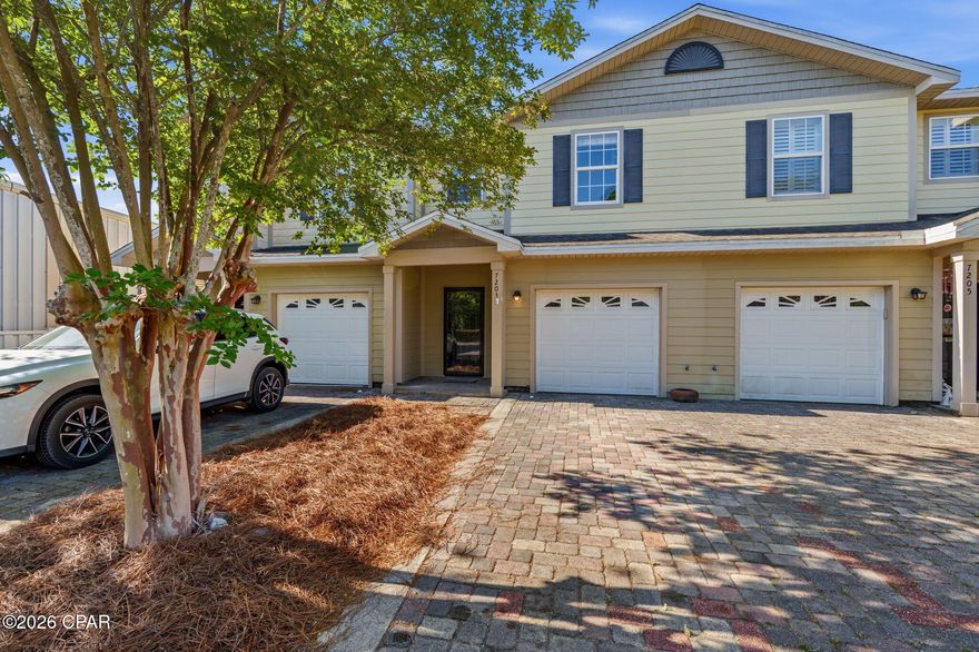 Positioned in a highly convenient Panama City Beach location, this well-maintained two-story home offers easy access to the Navy Base, local schools, and a quick drive into Saint Andrews for shopping, dining, and everyday essentials. Inside, the home features an open-concept layout designed for comfortable living and entertaining, with a seamless flow between the family room, dining area, and kitchen. The main level is finished with LVP & tile flooring, while the kitchen is equipped with stainless steel appliances, granite countertops, and quality oak/maple cabinetry. Upstairs, you'll find two spacious primary bedroom suites, offering flexibility and privacy, along with a versatile bonus room that can be used as an office, media space, or additional living area. Recent updates include fresh interior paint and new carpet, creating a clean, move-in ready feel. Additional features include a one-car garage that has been upgraded to be both heated and cooled. Outside a privacy fenced backyard and expansive deck creates an ideal space for entertaining and relaxation, while a shed allows for additional storage space. The development welcomes you with a professional office park-style entrance featuring established business partners, creating a polished first impression. Residents enjoy access to a community concrete pool and thoughtfully designed common areas. Decorative brick paver roads and individual paver driveways enhance the neighborhood's overall appeal and cohesive design. A well-appointed home in a location that keeps you close to everything Panama City Beach has to offer! Call a REALTOR® today to schedule a private tour.  If important, Buyer to verify all measurements.