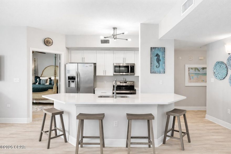 INVESTOR OPPORTUNITY - True 3-bedroom corner Gulf-front unit at Celadon Beach Resort on the quiet west end of Panama City Beach.

This unit features a wrap-around balcony with stunning, unobstructed Gulf views -- a rare layout that consistently stands out with renters and buyers alike.

The newly renovated kitchen (February 2026) includes brand-new appliances and updated finishes, giving the space a fresh, modern feel that drives rental appeal.

Being sold furnished, this condo is turnkey and rental ready with proven rental numbers, offering immediate income potential.

Celadon amenities include a beachfront pool, indoor pool, hot tub, fitness center, tennis courts, deeded beach access, and a climate-controlled walkover from the garage. HOA dues include water, cable, and amenity access.

Corner 3-bedroom Gulf-front units with wrap-around balconies are limited -- especially with recent renovations and rental history in place.