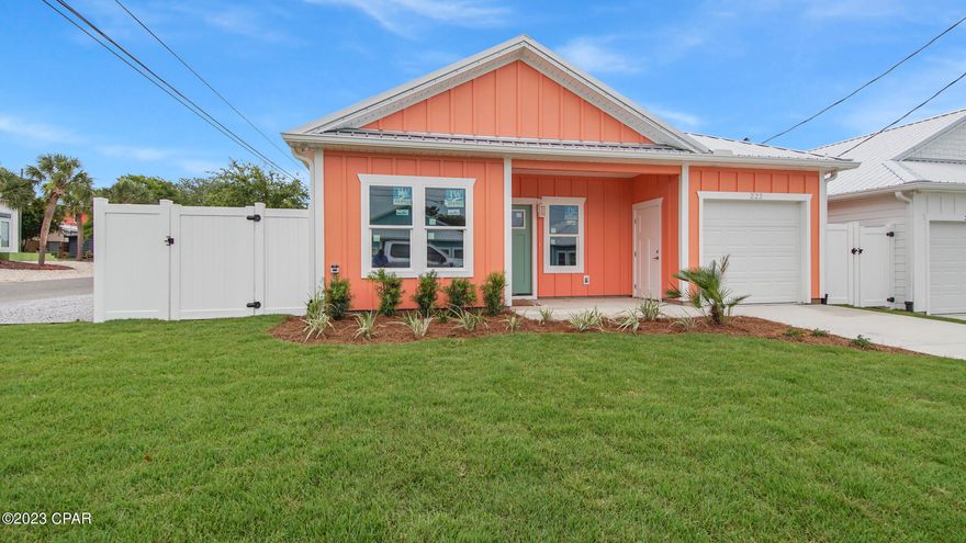 HUGE PRICE REDUCTION! Beautiful new construction of a 2BR/2Bath, with bonus Bunk Room in the highly desired Laguna Beach on the West End. This property is complete and ready to go! This home is conveniently located just a short golf cart ride to the soft white sand of the Gulf of Mexico. The home features LVP and ceramic tile flooring, quartz countertops, shaker cabinets with soft close drawers and doors, dual vanities in the master bath, tray ceilings in the living room, an outdoor shower with hot and cold water, metal roof, vinyl fenced in patio/paver area. High impact windows. Beautifully landscaped with your own irrigation system and plenty of available parking with 6 parking spaces! Additionally, the property is already pre-wired for a hot tub if you'd like to add one and will be connected to city sewer. Short Term Rentals are Allowed. No HOA. Laguna beach is a golf cart friendly community.