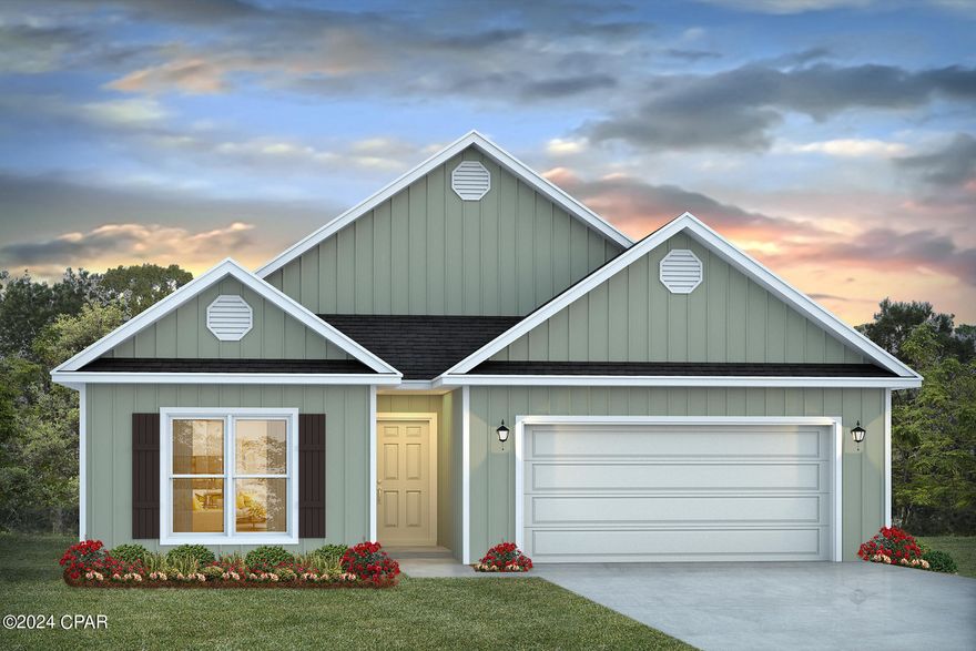 Welcome to Caballeros Estates at Hombre is stunning Panama City Beach. Live the Floridian life in style with just a 10 minute walk to white sandy beaches. This floorplan, The Delray, is a popular Florida Cottage style home that has ample room for everyone to have their own personal space and guests to stay comfortably. As you walk into the home you will be greeted with two bedrooms that share one full bathroom. The gourmet kitchen is a chef's delight, featuring quartz countertops, Ivory painted shaker-style cabinets, and state-of-the-art Whirlpool® appliances, all tied together with smart home technology for ultimate convenience. The laundry room is spacious and offers plenty of storage. There is a fourth bedroom that can also be used as an office space/ flex room/ bedroom next to the laundry room. Tucked in the back of the home is the primary suite which includes a spacious bathroom complete with 2 large closets and a dual sink vanity. This home is designed with comfort in mind, from the ceiling fan-ready rooms to the LED lighting, ensuring a serene and modern living experience.