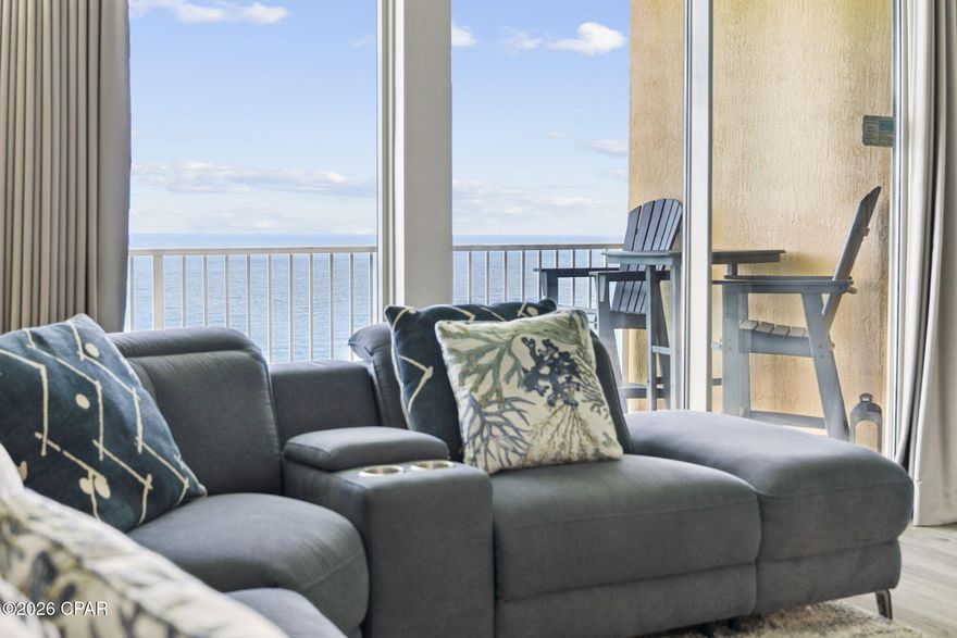 Panoramic Gulf and bay views set the tone in this 2BR+BUNKS/2BA Treasure Island condo, with a vantage point that lets you look west down the entire length of Panama City Beach's sugar-white coastline and catch stunning sunsets each evening. The oversized 270 sq ft balcony gives you space to actually use it - whether it's morning coffee or winding down at the end of the day.

Inside, the layout keeps the water in view where it matters. The kitchen, living area, and primary suite all face the Gulf, bringing in natural light and keeping everything connected to the beach. Solid-surface flooring runs throughout, offering a durable, easy-to-clean finish that holds up well to sand and everyday use.

Recent updates make this one easy to step into. The kitchen includes a new refrigerator and dishwasher (2023), and the living area has been refreshed with updated furniture (2023). The guest bedroom was updated in 2024 with new furniture and mattress, and built-in bunks plus new folding twin beds (2023) add flexible sleeping space without making things feel crowded.

The primary suite is set up for both comfort and function, with direct balcony access and an ensuite bath featuring a large double vanity and a spacious walk-in shower.

A full suite of resort-style amenities is at your doorstep, including a gulf-front pool, kiddie pool, hot tub, large sun deck, fitness center, game room, owner's lounge, on-site market, and assigned covered parking.

Located on the east end of Panama City Beach, you're within walking distance to St. Andrews State Park, with nearby marinas, dining, shopping and local attractions just a short drive away.

This one is worth a closer look. Call today!