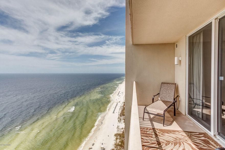 Enjoy one of the resorts with the most amenities in all of Panama City Beach-TIDEWATER! Unit 2010 is a 2 bedroom + bunk room, 3 bathroom unit with accommodations for 8 guests, making it very attractive as a potential rental unit; similar 2 bedroom units gross close to 35k in rental income. The unit can sleep 8 beachgoers comfortably with a King bed in the Master bedroom, Queen bed in the guest bedroom and bunk beds in the bunk area, and a queen size sofa bed in the living area. Stunningly excellent 180 degree panoramic views of the sparkling emerald green gulf waters and white sand beaches from sunup to sundown. Unit features tile throughout for easy care and maintenance. The kitchen offers granite counters and a full array of white appliances. Custom draperies add to the elegant colors and decor. Three full bathrooms for your convenience. Great rental investment property with on-site rental desk. Tidewater is a vacation rental dream with 2 outdoor pools, indoor pool, tiki bar, restaurant, steam/sauna, fitness room, full movie theater, convenience store, beach service, gift shop, covered garage parking and on site rental and assoc. mgt. Located just west of the nearby Pier Park Shopping Mall and all area dining and activities. Unit 2010 at Tidewater is a MUST SEE!