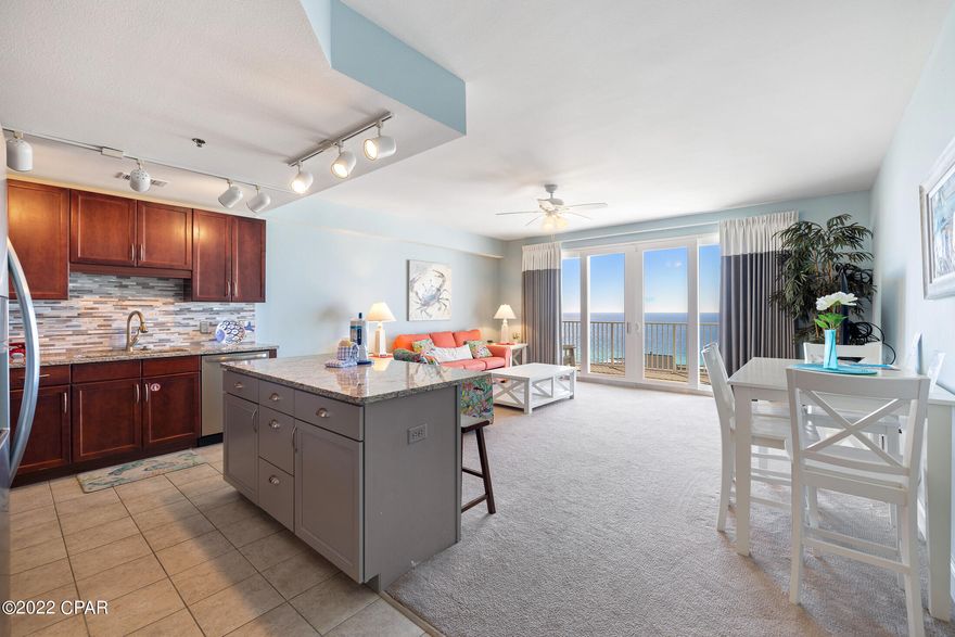 Enjoy spectacular Gulf views from the balcony of this beautiful condo located at Laketown Wharf. The condo is very spacious with 1 bedroom that has a lake view, a bunk area, and 2 full bathrooms. The kitchen is equipped with stainless steel appliances and a gorgeous tile backsplash with aluminum accents. The backsplash color scheme blends perfectly with the new kitchen granite countertops and island that have both been recently replaced. The living area has been furnished and decorated with lovely coastal designs and custom made blackout curtains. This area is very spacious in size and easily accommodates a sleeper sofa for extra sleeping accommodations. Laketown Wharf is located in the heart of Panama City Beach and just steps away from the magnificent white-sandy beach. Amenities include 5 pools, Gulf view fitness center, shopping, dining, entertainment and beach access. In addition, owners and their guests can sit by the lakefront boardwalk and enjoy the fountain & light show.