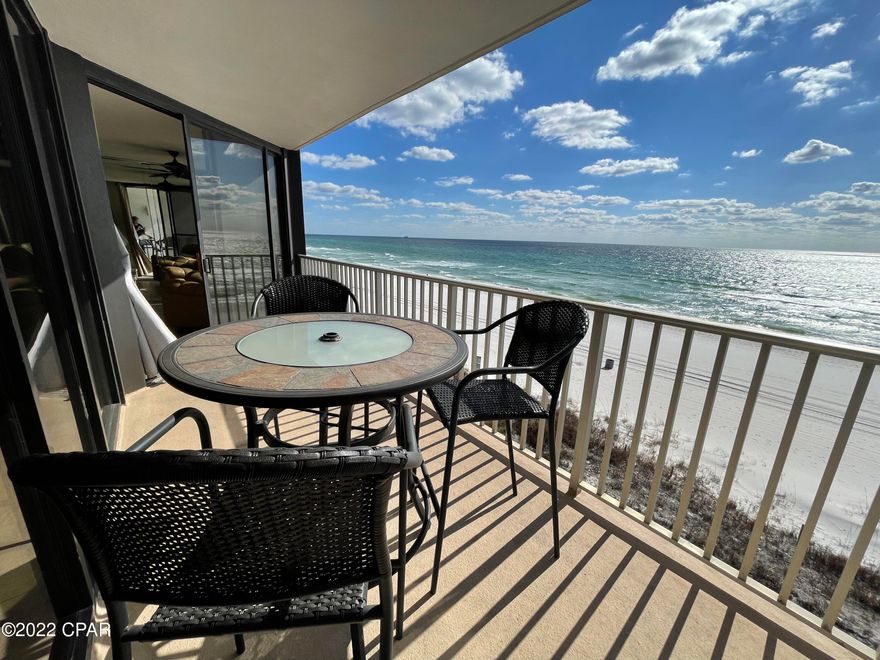 Gorgeous and spacious glass-front floor plan with endless beach views! Living, dining and kitchen all on the water. You will find updates like beautiful tile flooring, raised ceilings throughout, kitchen and bathroom cabinetry, clear windows. Newer AC and Water Heater. Unit sits right on the beach! Convenient to Edgewater's exclusive Gulf-front amenities including Beach Access, Tropical Pools, Hot Tubs, Restaurant, Market, Pizza Shop. The Sports Club in the center of the Villas hosts the Gym and Pro Shop. Owners enjoy unlimited golf, tennis, pickleball, shuffleboard. Onsite club cart transport. Gated entrances, building side parking, walk to shopping, dining and fun!