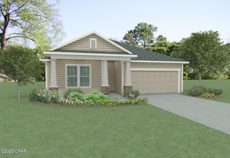 Now available in the Breakfast Point East community, this Sand Dune plan from Samuel Taylor Homes is a spacious, open-concept design with just over 2,000 square feet of conditioned living space. This home offers 3 bedrooms plus a separate study or flex room, 2 full size bathrooms, a 2-car garage, and a 10'x24' covered back porch. The wide open living room, dining room, and kitchen area is filled with natural light and provides plenty of space to entertain.  Luxury kitchen finishes include a large island, quartz countertops, light gray shaker style cabinetry, beautiful backsplash and Frigidaire® Gallery stainless steel appliances. Including a stainless steel vent hood and built in microwave. Additional features of this home include luxury vinyl plank flooring in main living areas, high grade carpet in bedrooms, tile flooring in bathrooms, master bathroom has a bathtub and large shower.  Low profile LED lighting, 8' 2-panel craftsman interior doors, architectural shingle roof with 30-year warranty, and a gas stub for a grill. All new Breakfast Point East homes built by Samuel Taylor Homes are designed to withstand up to 160MPH winds with structural steel framing. This home is currently priced with upgraded options. Estimated completion date for this home is Nov 23' - Jan 24'. Visit our model home open daily at 806 Breakfast Point Blvd for more information and to see the finishes going into the home.