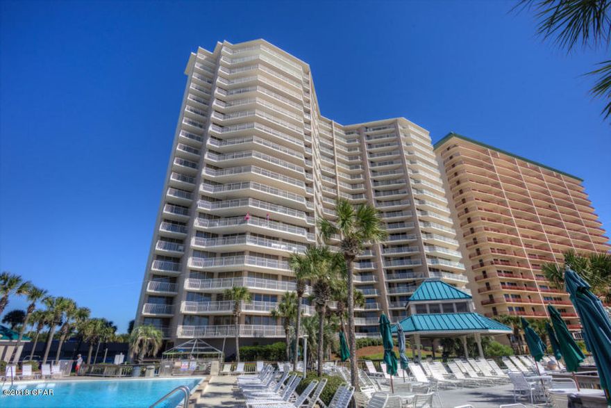 ''Gulf Front'' Beautiful Large 2BR/2BA fully furnished condominium with Garage Space. 1286 sq.ft.  Fully equipped Kitchen w/breakfast bar. Wonderful Gulf Front views from Large Balcony, you can see the beach and one of the pool areas. Great for Relaxation. Condo has many 'upgrades'. This is a wonderful rental investment or great second home. Dunes of Panama has 3 pools, clubhouse, tennis, shuffleboard, fitness room, Snack shop and a place to grill. All dimensions are approx.